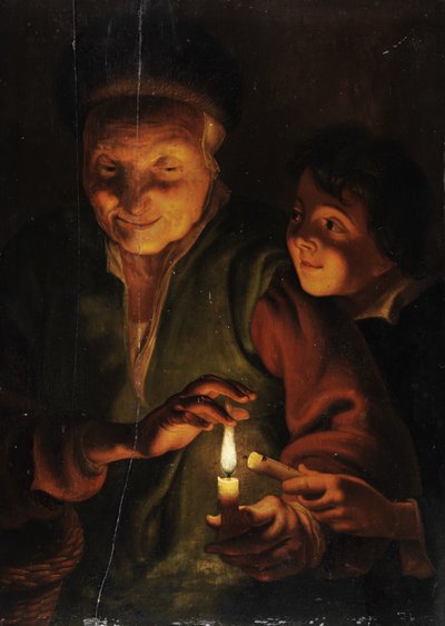 Anciana con niño a la luz de las velas de Johann Georg Trautmann
